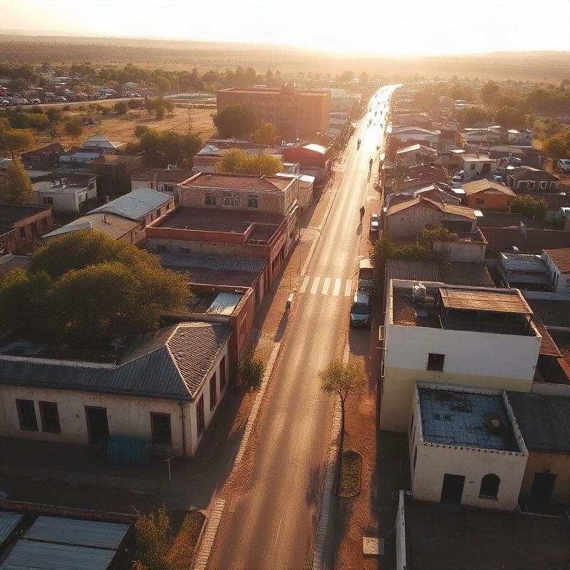 Aerial view of Garissa town streets in golden morning light