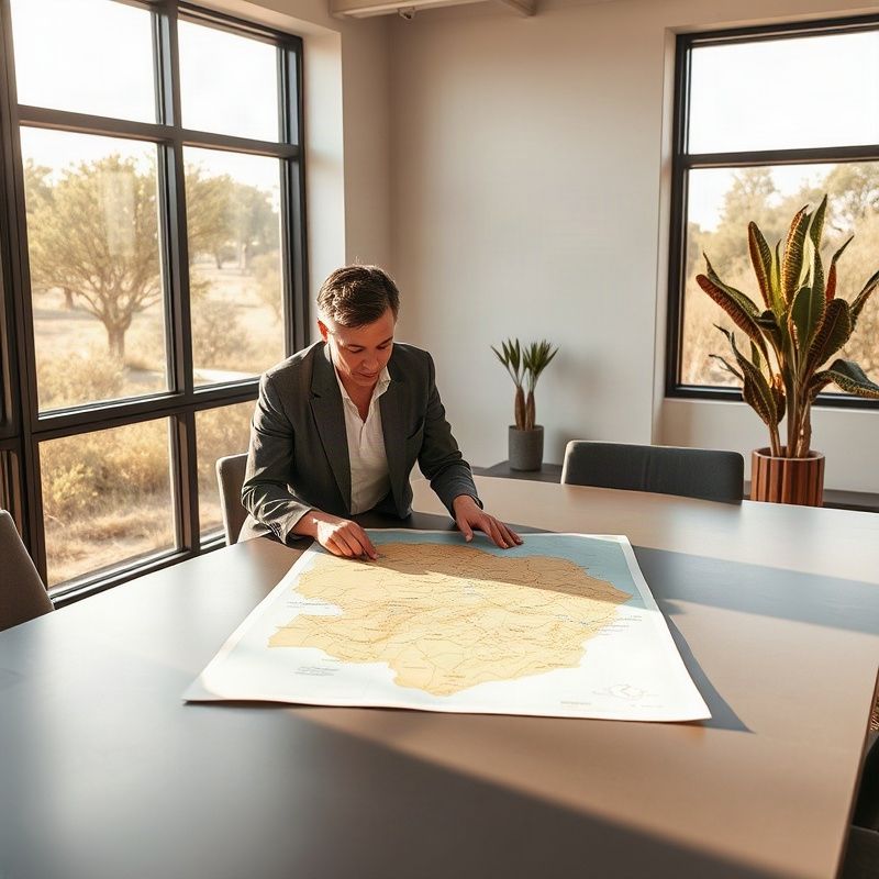 Two people reviewing a property map on a slate conference table